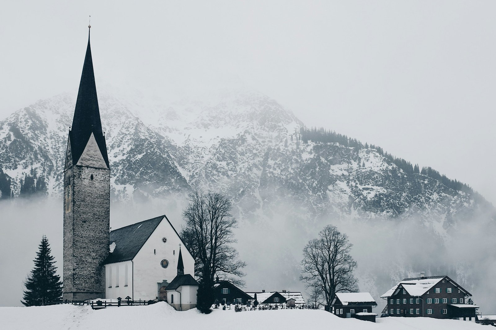 A snowy winter day in Mittelberg, a village in the Kleinwalsertal valley of Vorarlberg, Austri